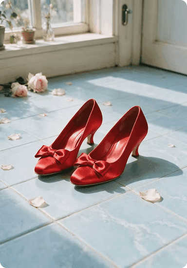 Red satin heels with bows on a tiled floor