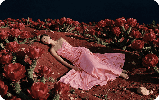 Woman in a pink gown among red cactus flowers